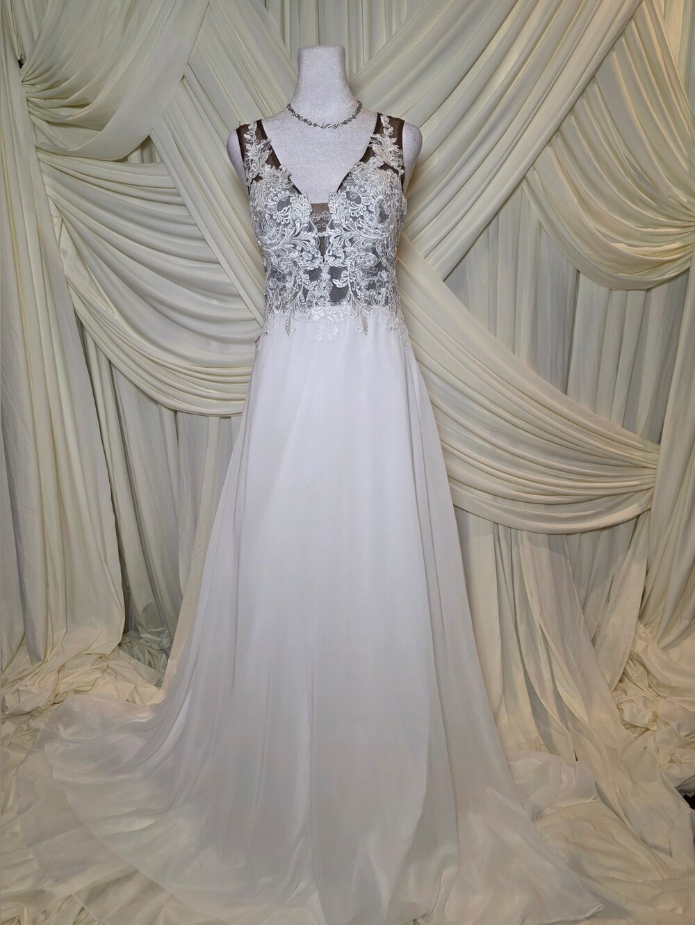 Azazie White Lace Appliqué A-Line Wedding Gown - Picture 1 of 14